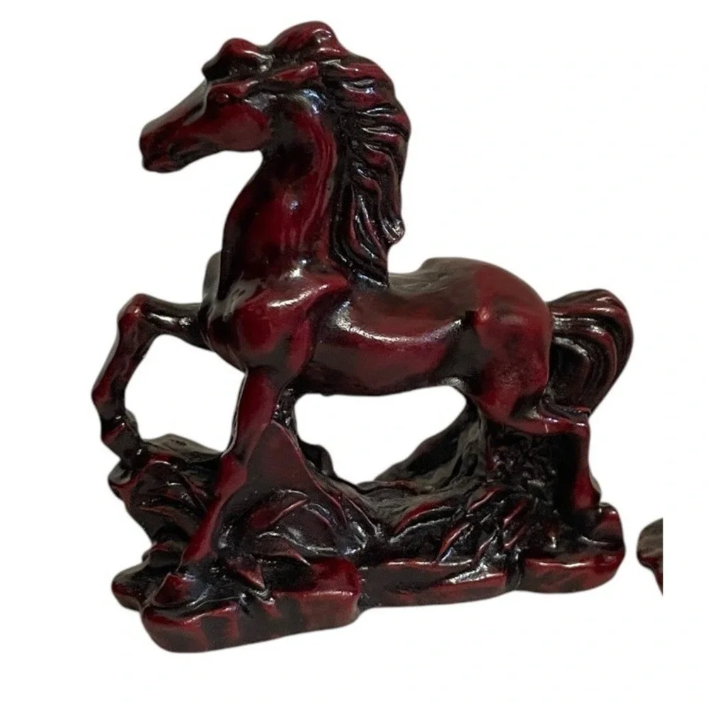 VTG Galloping Horse Figurine Set Home Decor Small Burgundy Red Cinnabar Style